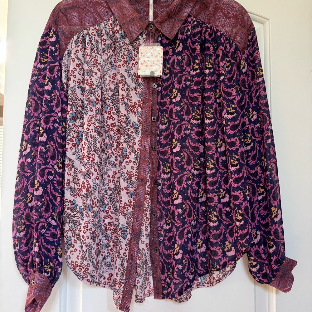 Free People Dani Mixed-Print Button-Up Blouse in Plum and Pink